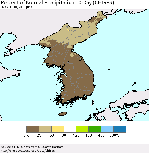 Korea Percent of Normal Precipitation 10-Day (CHIRPS) Thematic Map For 5/1/2019 - 5/10/2019