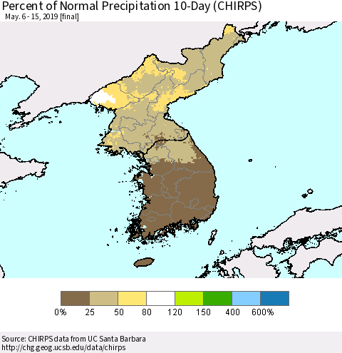 Korea Percent of Normal Precipitation 10-Day (CHIRPS) Thematic Map For 5/6/2019 - 5/15/2019