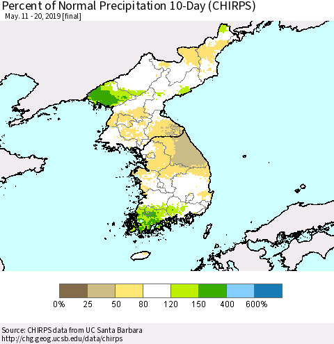 Korea Percent of Normal Precipitation 10-Day (CHIRPS) Thematic Map For 5/11/2019 - 5/20/2019