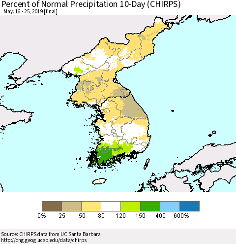 Korea Percent of Normal Precipitation 10-Day (CHIRPS) Thematic Map For 5/16/2019 - 5/25/2019