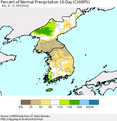 Korea Percent of Normal Precipitation 10-Day (CHIRPS) Thematic Map For 5/21/2019 - 5/31/2019