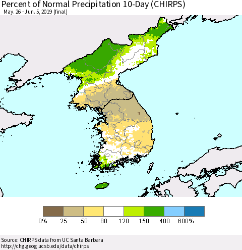 Korea Percent of Normal Precipitation 10-Day (CHIRPS) Thematic Map For 5/26/2019 - 6/5/2019