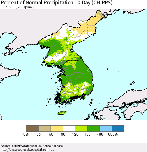 Korea Percent of Normal Precipitation 10-Day (CHIRPS) Thematic Map For 6/6/2019 - 6/15/2019