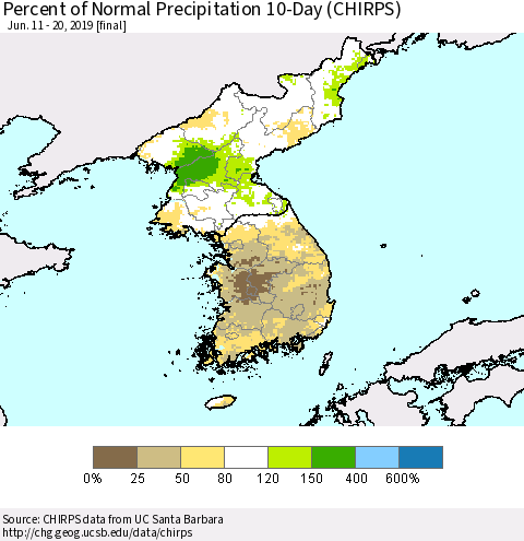 Korea Percent of Normal Precipitation 10-Day (CHIRPS) Thematic Map For 6/11/2019 - 6/20/2019