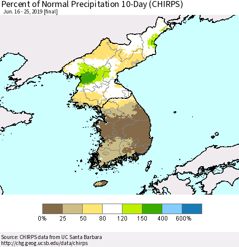 Korea Percent of Normal Precipitation 10-Day (CHIRPS) Thematic Map For 6/16/2019 - 6/25/2019