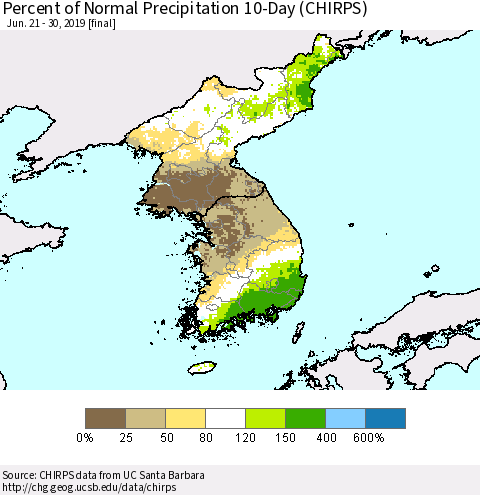 Korea Percent of Normal Precipitation 10-Day (CHIRPS) Thematic Map For 6/21/2019 - 6/30/2019