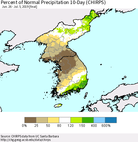 Korea Percent of Normal Precipitation 10-Day (CHIRPS) Thematic Map For 6/26/2019 - 7/5/2019