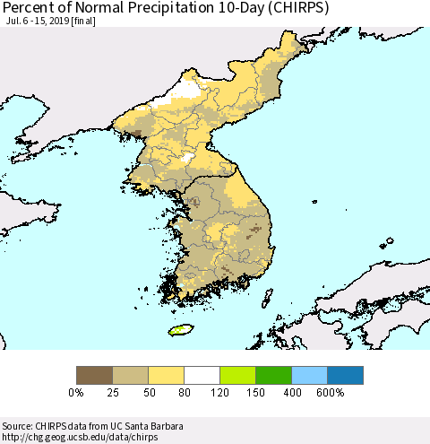 Korea Percent of Normal Precipitation 10-Day (CHIRPS) Thematic Map For 7/6/2019 - 7/15/2019