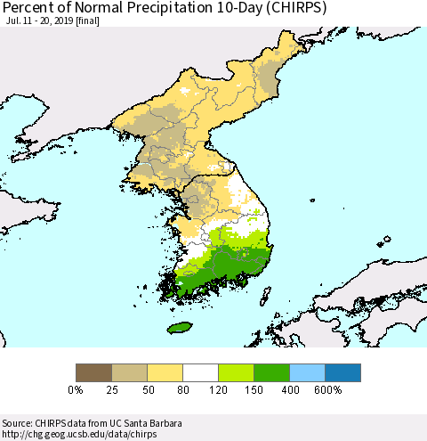 Korea Percent of Normal Precipitation 10-Day (CHIRPS) Thematic Map For 7/11/2019 - 7/20/2019