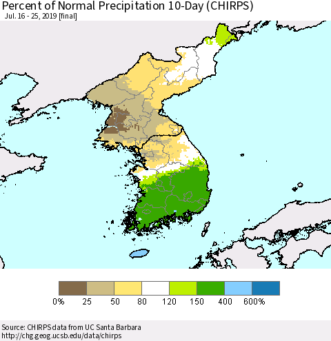 Korea Percent of Normal Precipitation 10-Day (CHIRPS) Thematic Map For 7/16/2019 - 7/25/2019