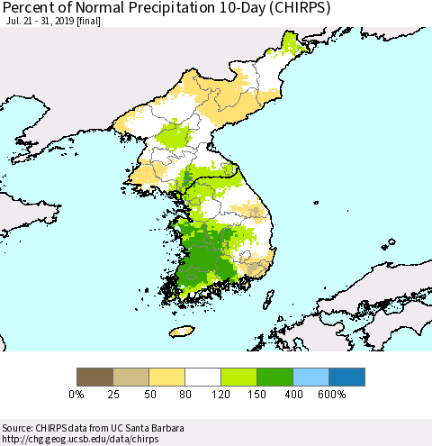 Korea Percent of Normal Precipitation 10-Day (CHIRPS) Thematic Map For 7/21/2019 - 7/31/2019