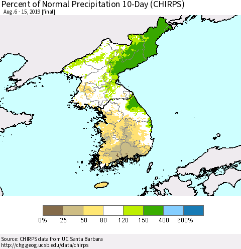 Korea Percent of Normal Precipitation 10-Day (CHIRPS) Thematic Map For 8/6/2019 - 8/15/2019