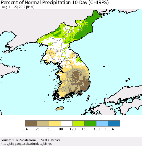 Korea Percent of Normal Precipitation 10-Day (CHIRPS) Thematic Map For 8/11/2019 - 8/20/2019