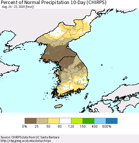 Korea Percent of Normal Precipitation 10-Day (CHIRPS) Thematic Map For 8/16/2019 - 8/25/2019