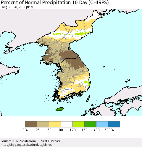 Korea Percent of Normal Precipitation 10-Day (CHIRPS) Thematic Map For 8/21/2019 - 8/31/2019