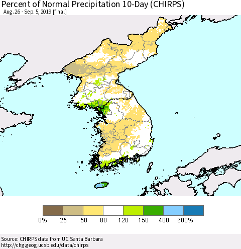 Korea Percent of Normal Precipitation 10-Day (CHIRPS) Thematic Map For 8/26/2019 - 9/5/2019