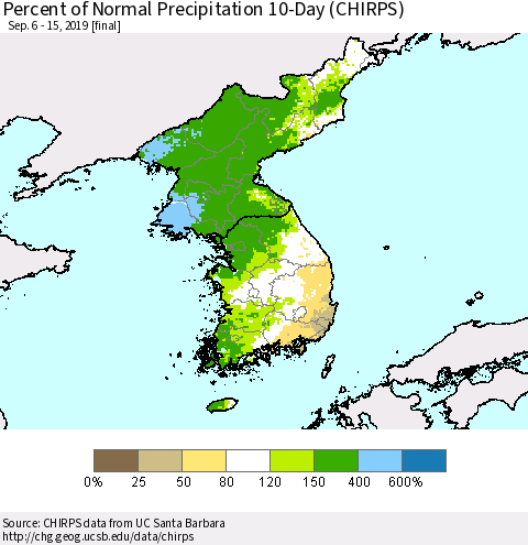 Korea Percent of Normal Precipitation 10-Day (CHIRPS) Thematic Map For 9/6/2019 - 9/15/2019