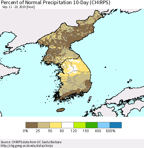 Korea Percent of Normal Precipitation 10-Day (CHIRPS) Thematic Map For 9/11/2019 - 9/20/2019