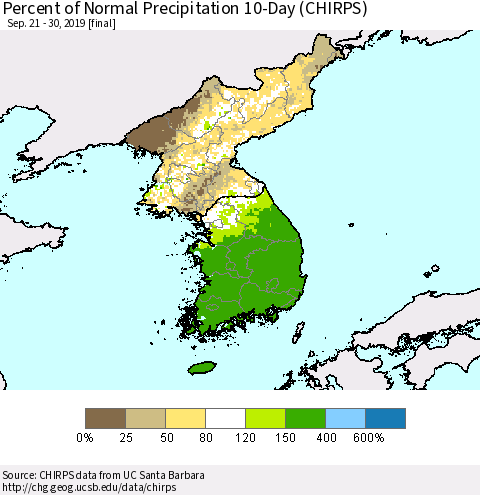 Korea Percent of Normal Precipitation 10-Day (CHIRPS) Thematic Map For 9/21/2019 - 9/30/2019