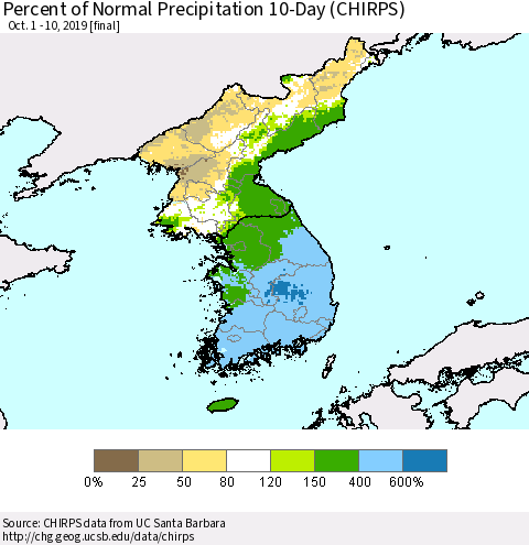 Korea Percent of Normal Precipitation 10-Day (CHIRPS) Thematic Map For 10/1/2019 - 10/10/2019