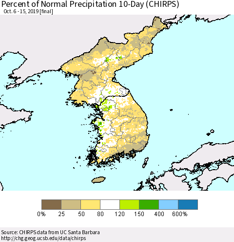 Korea Percent of Normal Precipitation 10-Day (CHIRPS) Thematic Map For 10/6/2019 - 10/15/2019
