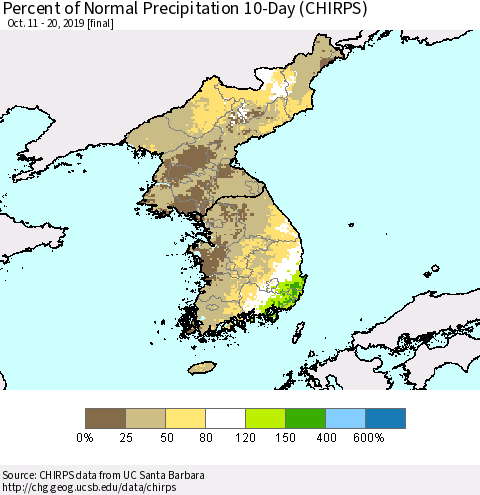 Korea Percent of Normal Precipitation 10-Day (CHIRPS) Thematic Map For 10/11/2019 - 10/20/2019