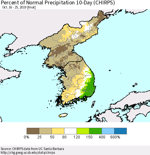 Korea Percent of Normal Precipitation 10-Day (CHIRPS) Thematic Map For 10/16/2019 - 10/25/2019