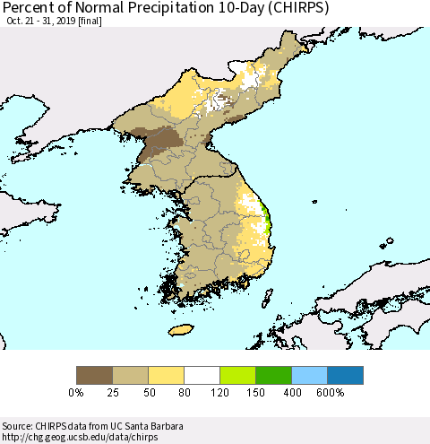 Korea Percent of Normal Precipitation 10-Day (CHIRPS) Thematic Map For 10/21/2019 - 10/31/2019