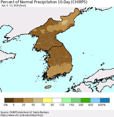 Korea Percent of Normal Precipitation 10-Day (CHIRPS) Thematic Map For 4/6/2020 - 4/15/2020