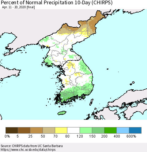 Korea Percent of Normal Precipitation 10-Day (CHIRPS) Thematic Map For 4/11/2020 - 4/20/2020