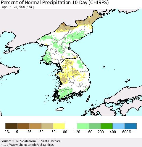 Korea Percent of Normal Precipitation 10-Day (CHIRPS) Thematic Map For 4/16/2020 - 4/25/2020
