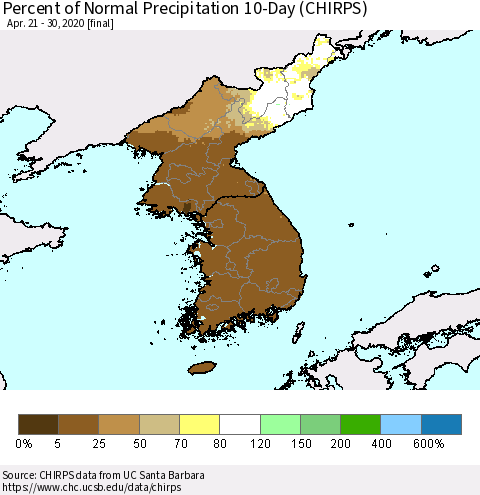 Korea Percent of Normal Precipitation 10-Day (CHIRPS) Thematic Map For 4/21/2020 - 4/30/2020