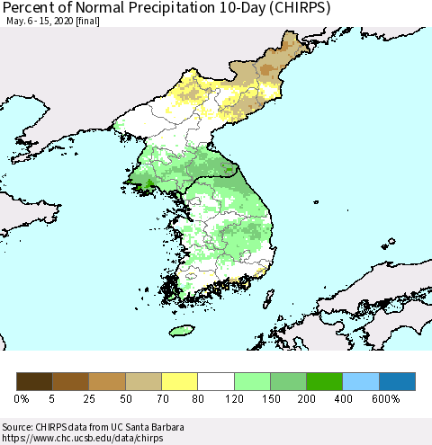 Korea Percent of Normal Precipitation 10-Day (CHIRPS) Thematic Map For 5/6/2020 - 5/15/2020