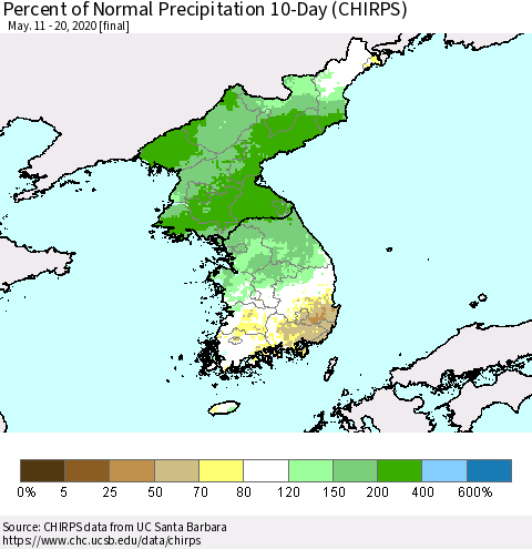 Korea Percent of Normal Precipitation 10-Day (CHIRPS) Thematic Map For 5/11/2020 - 5/20/2020