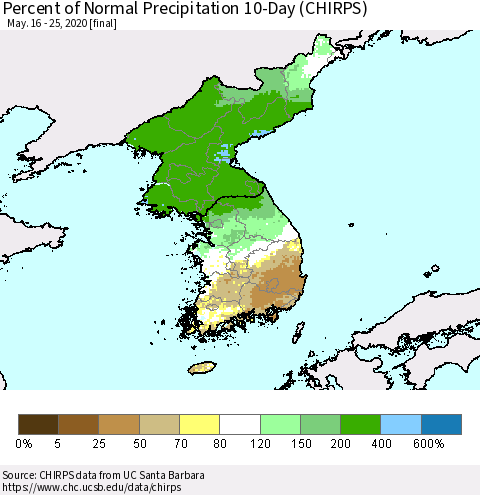 Korea Percent of Normal Precipitation 10-Day (CHIRPS) Thematic Map For 5/16/2020 - 5/25/2020