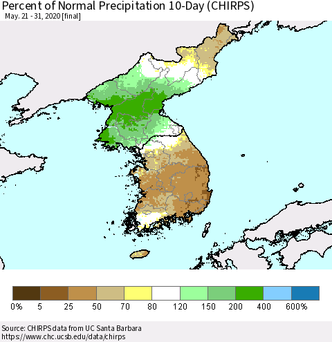 Korea Percent of Normal Precipitation 10-Day (CHIRPS) Thematic Map For 5/21/2020 - 5/31/2020
