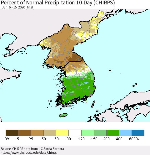 Korea Percent of Normal Precipitation 10-Day (CHIRPS) Thematic Map For 6/6/2020 - 6/15/2020