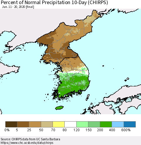 Korea Percent of Normal Precipitation 10-Day (CHIRPS) Thematic Map For 6/11/2020 - 6/20/2020