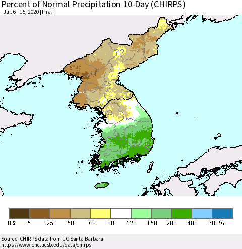 Korea Percent of Normal Precipitation 10-Day (CHIRPS) Thematic Map For 7/6/2020 - 7/15/2020