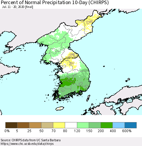Korea Percent of Normal Precipitation 10-Day (CHIRPS) Thematic Map For 7/11/2020 - 7/20/2020