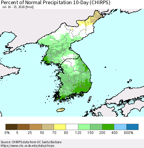 Korea Percent of Normal Precipitation 10-Day (CHIRPS) Thematic Map For 7/16/2020 - 7/25/2020