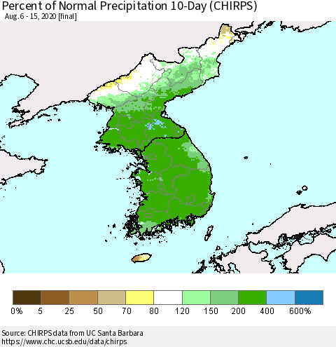 Korea Percent of Normal Precipitation 10-Day (CHIRPS) Thematic Map For 8/6/2020 - 8/15/2020