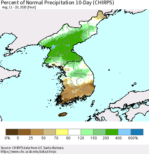 Korea Percent of Normal Precipitation 10-Day (CHIRPS) Thematic Map For 8/11/2020 - 8/20/2020