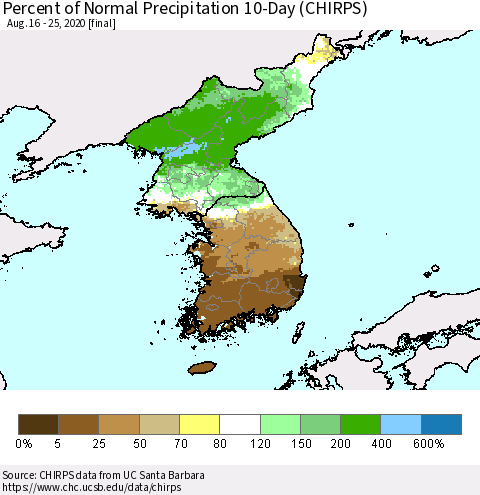 Korea Percent of Normal Precipitation 10-Day (CHIRPS) Thematic Map For 8/16/2020 - 8/25/2020