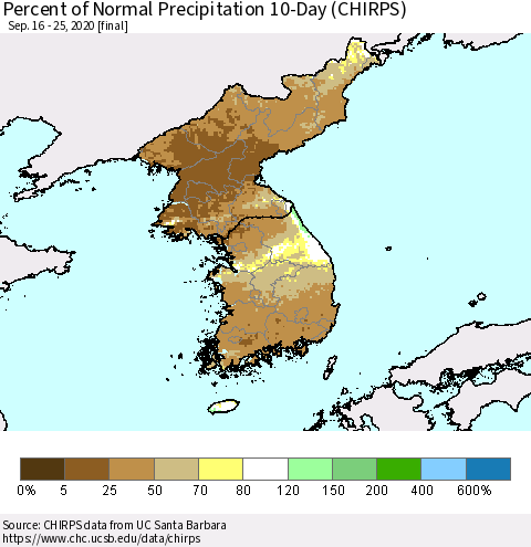 Korea Percent of Normal Precipitation 10-Day (CHIRPS) Thematic Map For 9/16/2020 - 9/25/2020