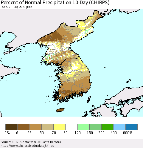 Korea Percent of Normal Precipitation 10-Day (CHIRPS) Thematic Map For 9/21/2020 - 9/30/2020