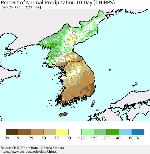 Korea Percent of Normal Precipitation 10-Day (CHIRPS) Thematic Map For 9/26/2020 - 10/5/2020