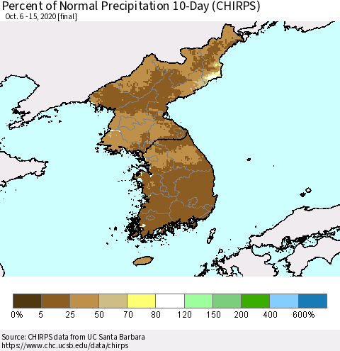 Korea Percent of Normal Precipitation 10-Day (CHIRPS) Thematic Map For 10/6/2020 - 10/15/2020
