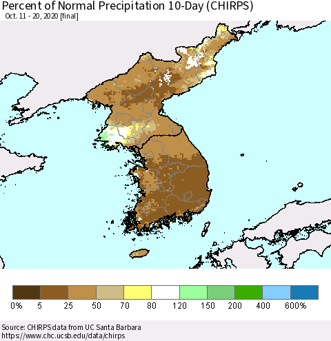 Korea Percent of Normal Precipitation 10-Day (CHIRPS) Thematic Map For 10/11/2020 - 10/20/2020