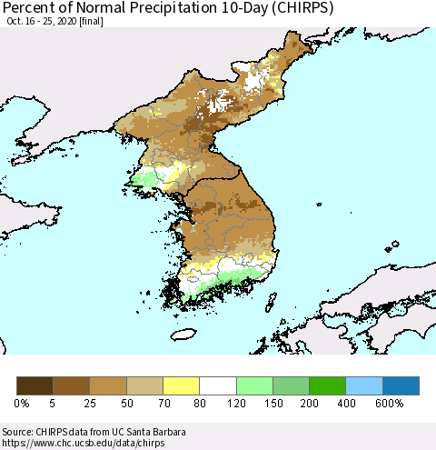 Korea Percent of Normal Precipitation 10-Day (CHIRPS) Thematic Map For 10/16/2020 - 10/25/2020